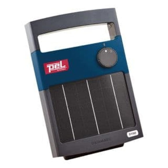 Pel Integrated Solar Panel Fencer with built-in solar panel, control dial, and handle in a compact black and blue case.