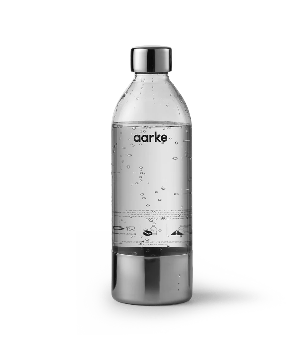 Aarke PET Water Bottle 1L with clear sparkling water and silver cap and base, minimalist design visible