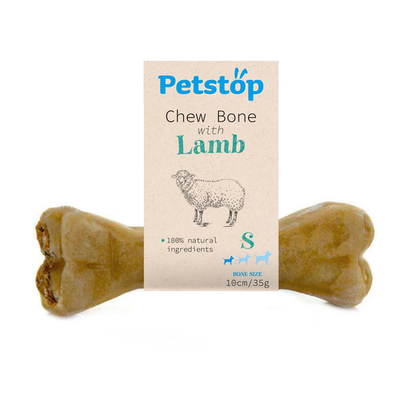 Petstop Large Chewing Bone with Lamb, high protein rawhide chew, dental care, 17cm, available at Keans Claremorris.