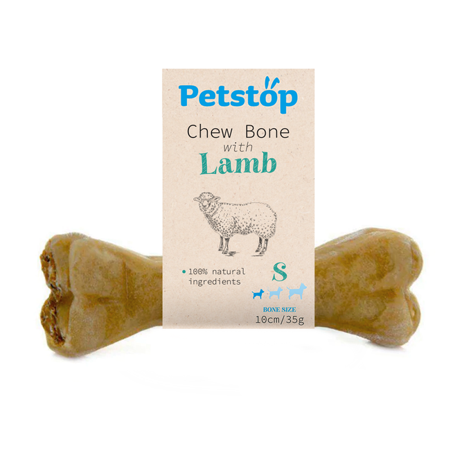 Petstop Large Chewing Bone with Lamb, high protein rawhide chew, dental care, 17cm, available at Keans Claremorris.
