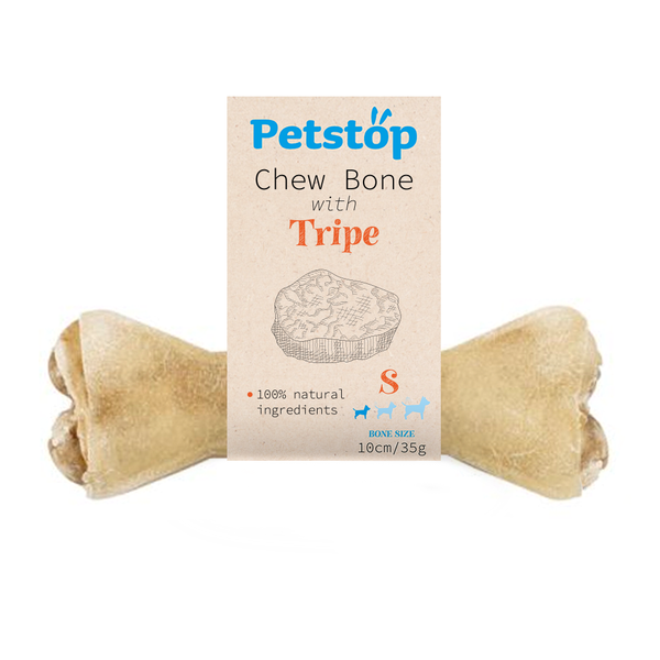 Small 10cm chewing bone with tripe, high protein rawhide chew for dogs, aids dental health – Keans Claremorris