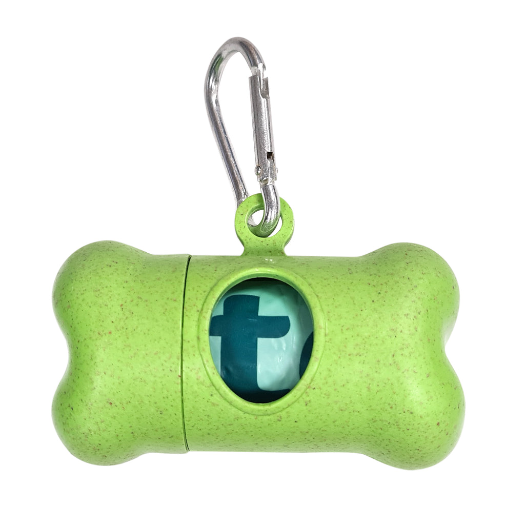 Petstop eco-friendly poop bag dispenser with 15 compostable bags, metal carabiner, green bone design – Keans Claremorris