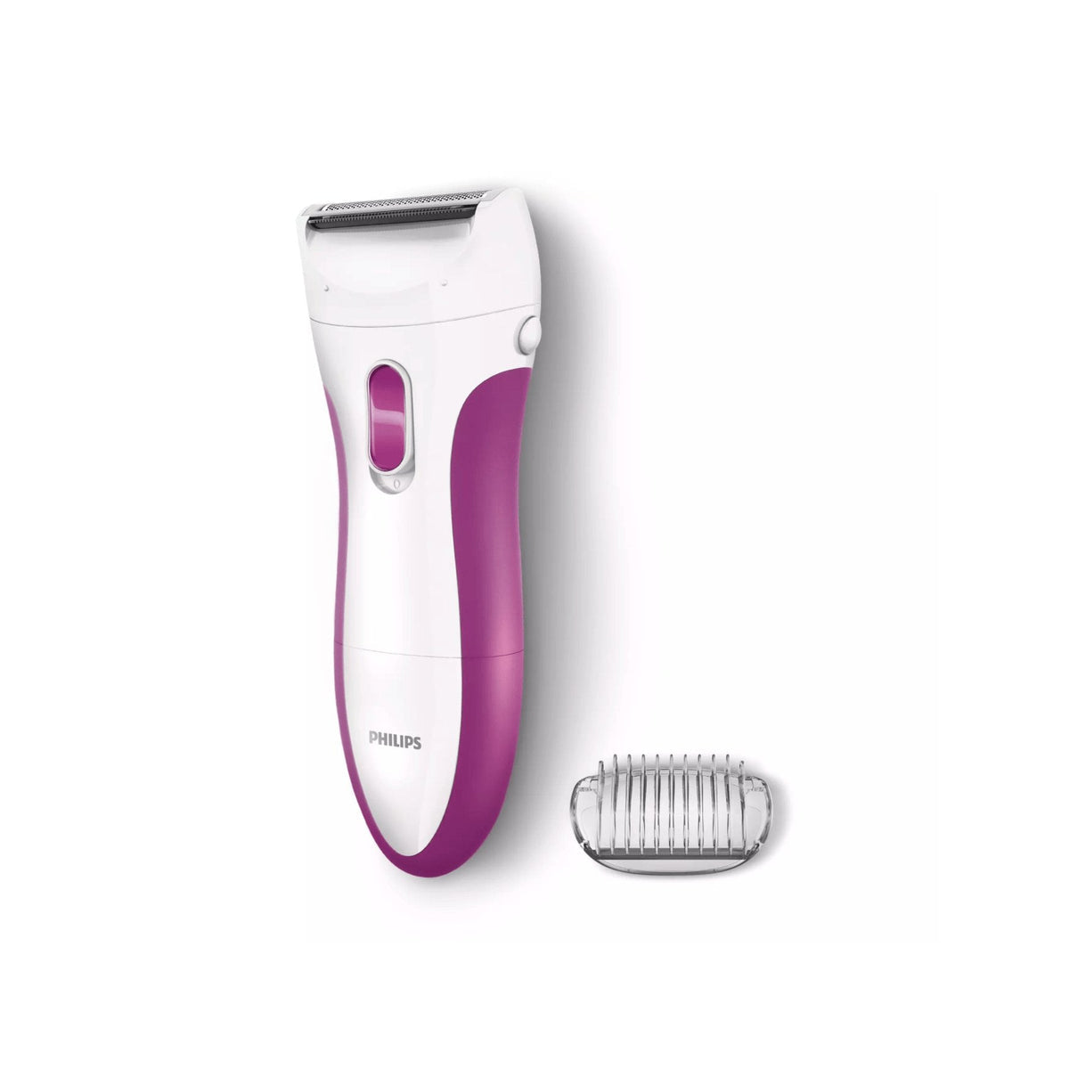 Philips Ladyshave HP6341 in white and pink with a detachable comb attachment on a white background.