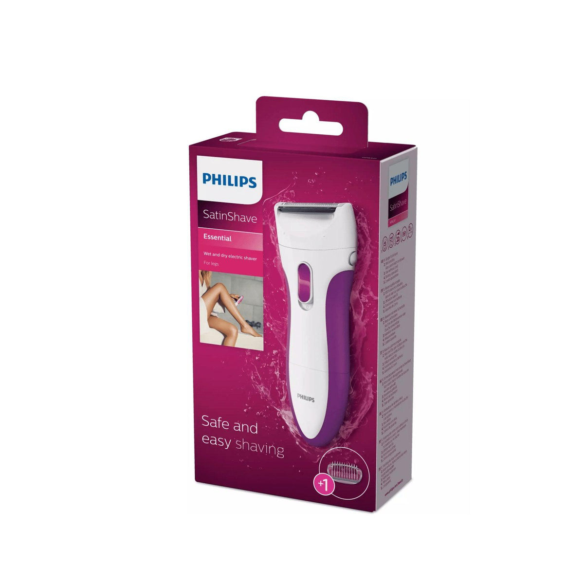 Philips SatinShave Essential HP6341 ladyshave in white and purple on pink packaging with product details.