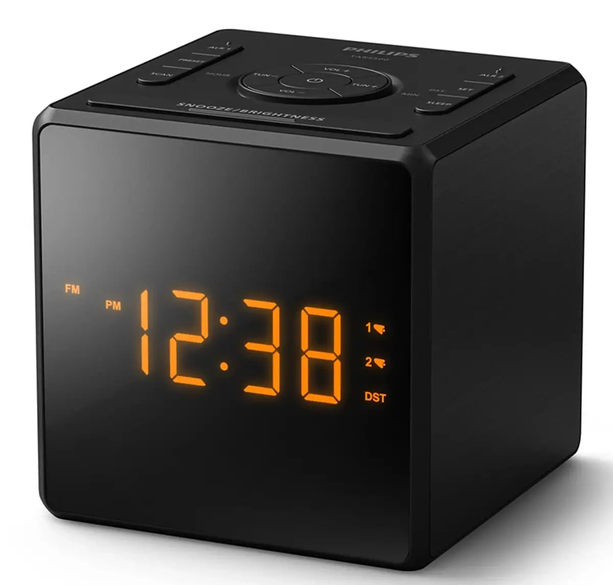 Philips Clock Radio with orange digital time display and top control buttons on a black cube design.