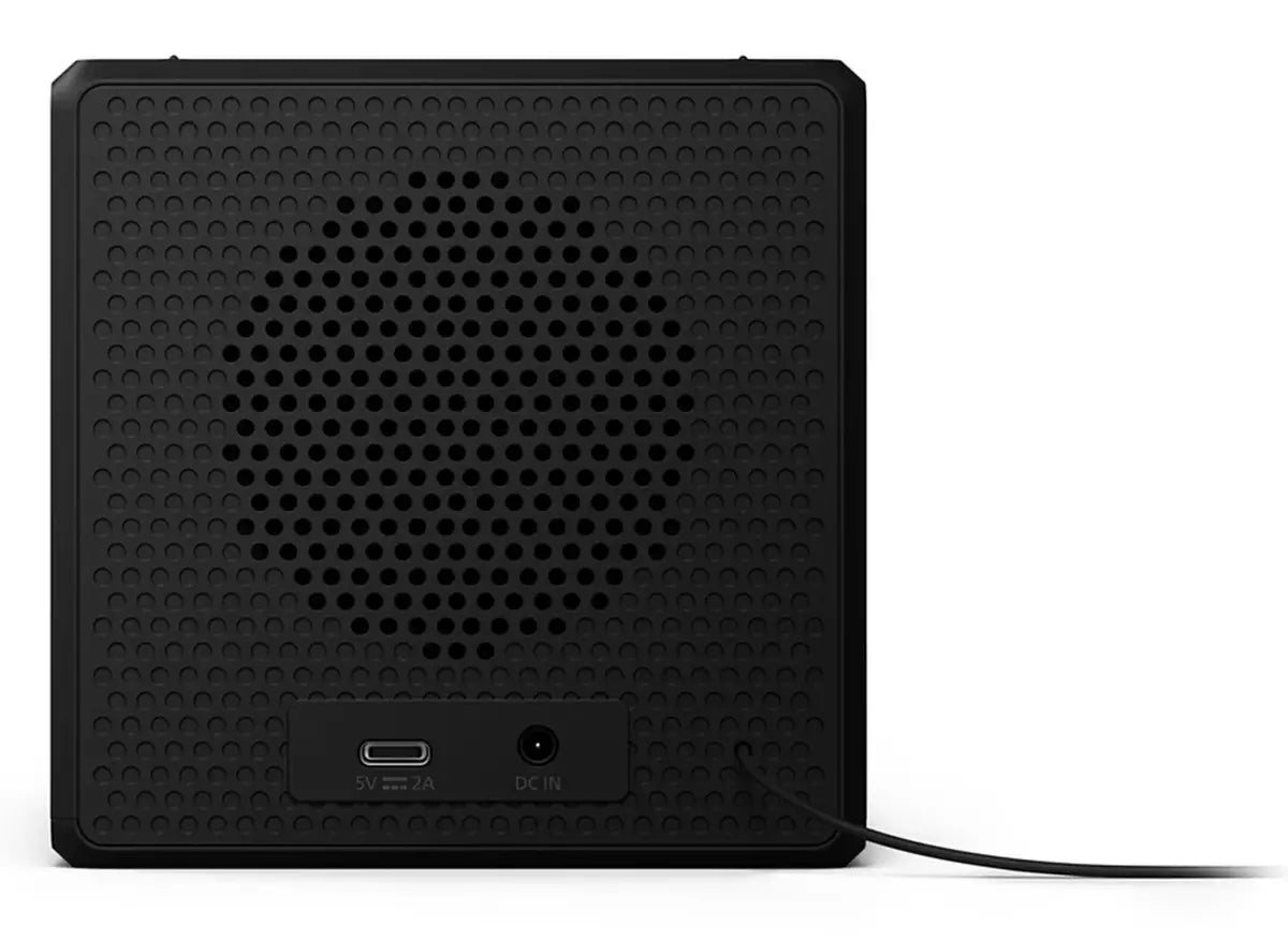 Back view of Philips Clock Radio showing speaker grille, USB-C port, DC input, and power cord.