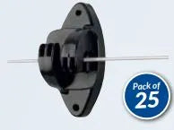 Black Pel Super W wood post insulator with metal wire through center, shown with pack of 25 label.