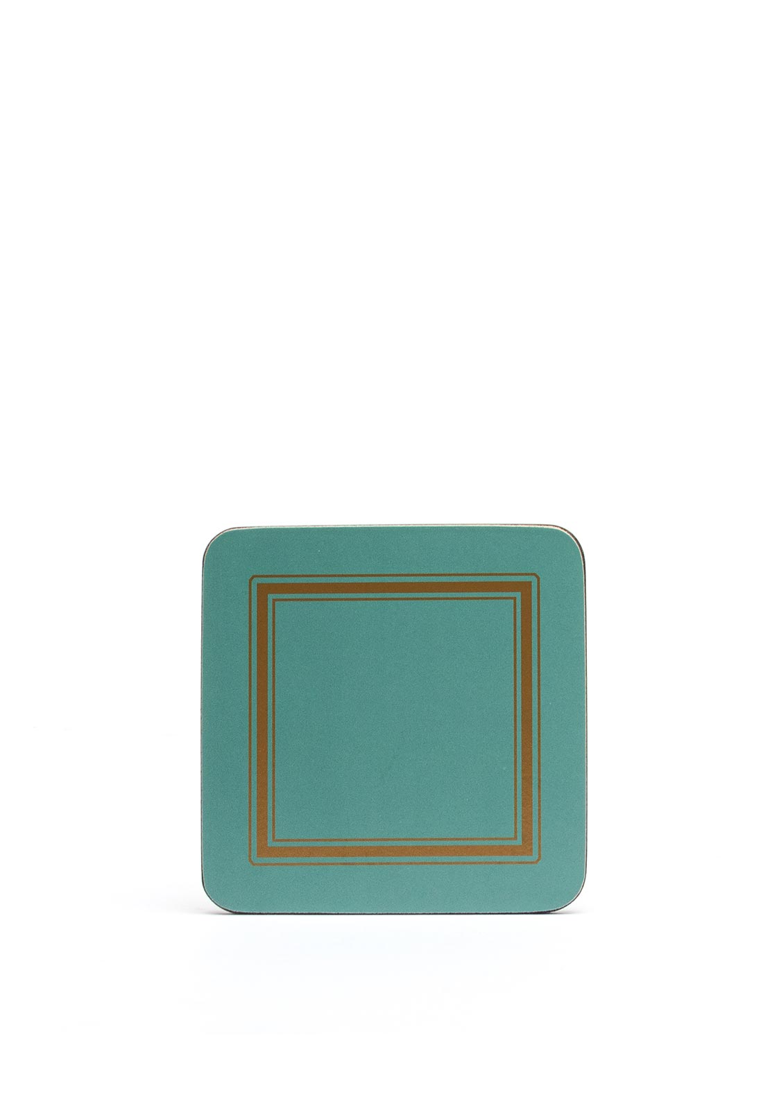 Square classic green coaster with rounded corners and double gold border lines