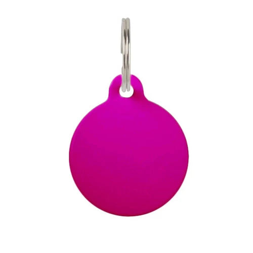 Pink circular metal pet ID tag, double-sided engraving for name and phone number, durable design by Keans Claremorris.