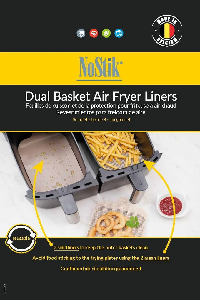 Air Fryer Liners Dual Basket 4-pack by NOSTIK, reusable non-stick PTFE liners, easy clean, fits 25.8x14.3cm baskets – Keans