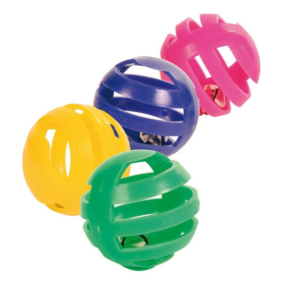 Set of 4 colorful 4cm plastic balls with bells, perfect for pets – Keans Claremorris.