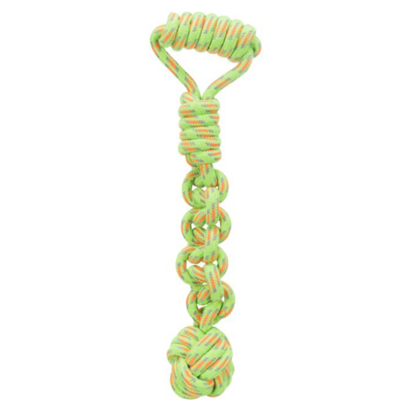 Playing Rope with woven-in ball dog toy, lime with orange and grey flecks, durable polyester/cotton, 8/38 cm – Keans