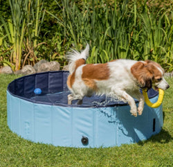 Large dog pool with scratch-resistant plastic, non-slip bottom, drain valve, easy setup, perfect for cooling pets - Keans