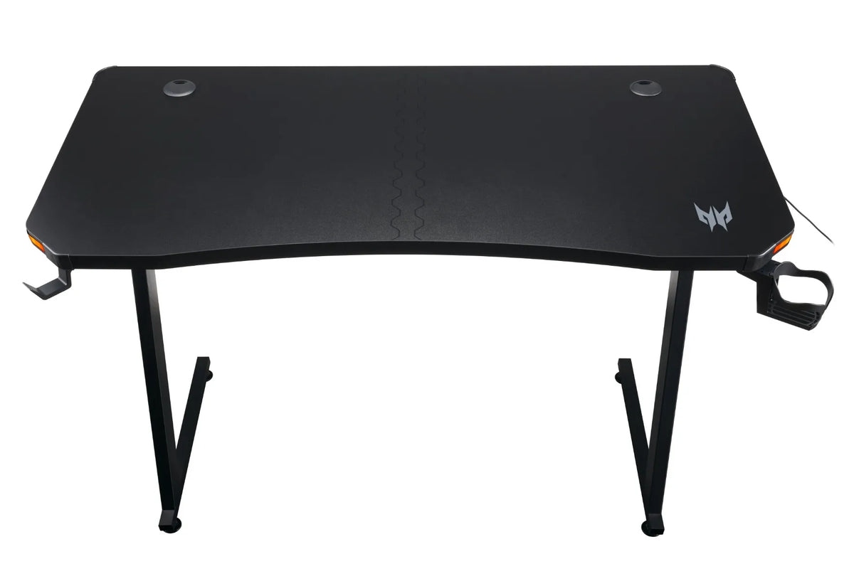 Acer Predator Gaming Desk II with black surface, curved front edge, RGB lighting, cup holder, and headphone hook.
