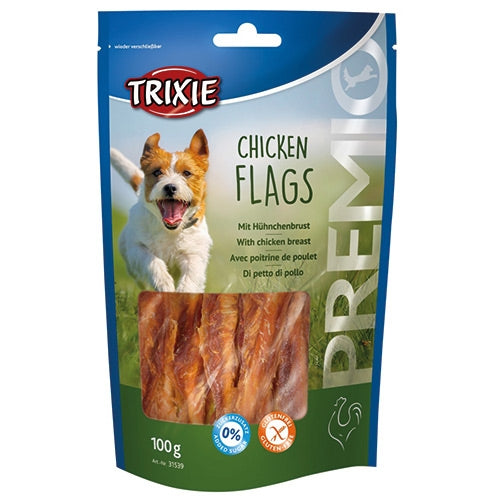 Trixie Premio Chicken Flags rawhide chewing rolls with 65% chicken, 100g resealable pack – Keans Claremorris pet treats