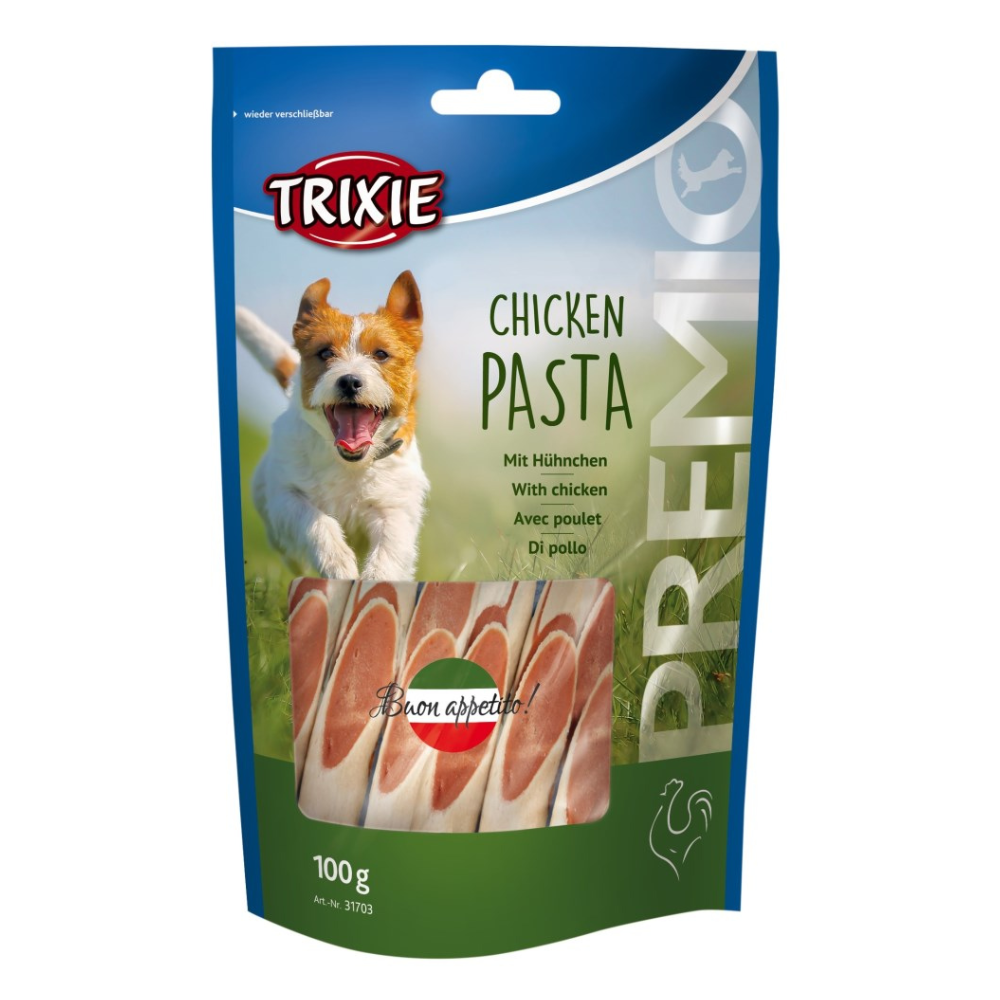 Premio Chicken Pasta 100g with 36% chicken, 8% fish, in resealable bag – available at Keans Claremorris.