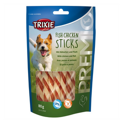 Premio Fish Chicken Sticks 80g, 65% meat, 12% fish, gluten-free, high protein, resealable bag – available at Keans