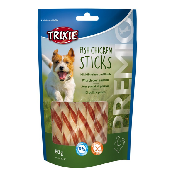 Premio Fish Chicken Sticks 80g, 65% meat, 12% fish, gluten-free, high protein, resealable bag – available at Keans