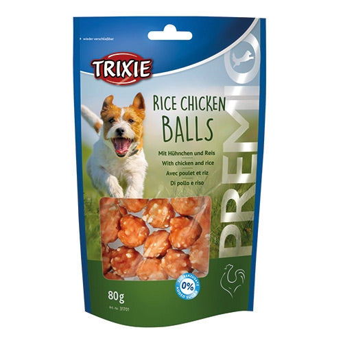 Premio Rice Chicken Balls 80g with 77% meat, no added sugar, resealable bag – available at Keans Claremorris.