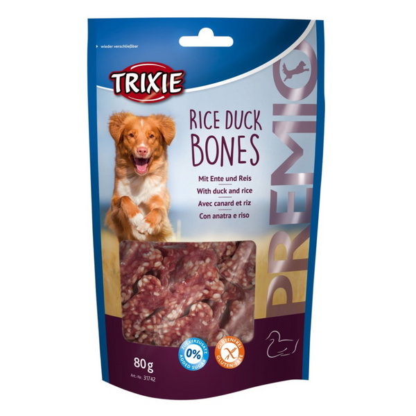 Premio Rice Duck Bones 80g, 84% meat, gluten-free, no added sugar, resealable bag – Keans Claremorris pet food.