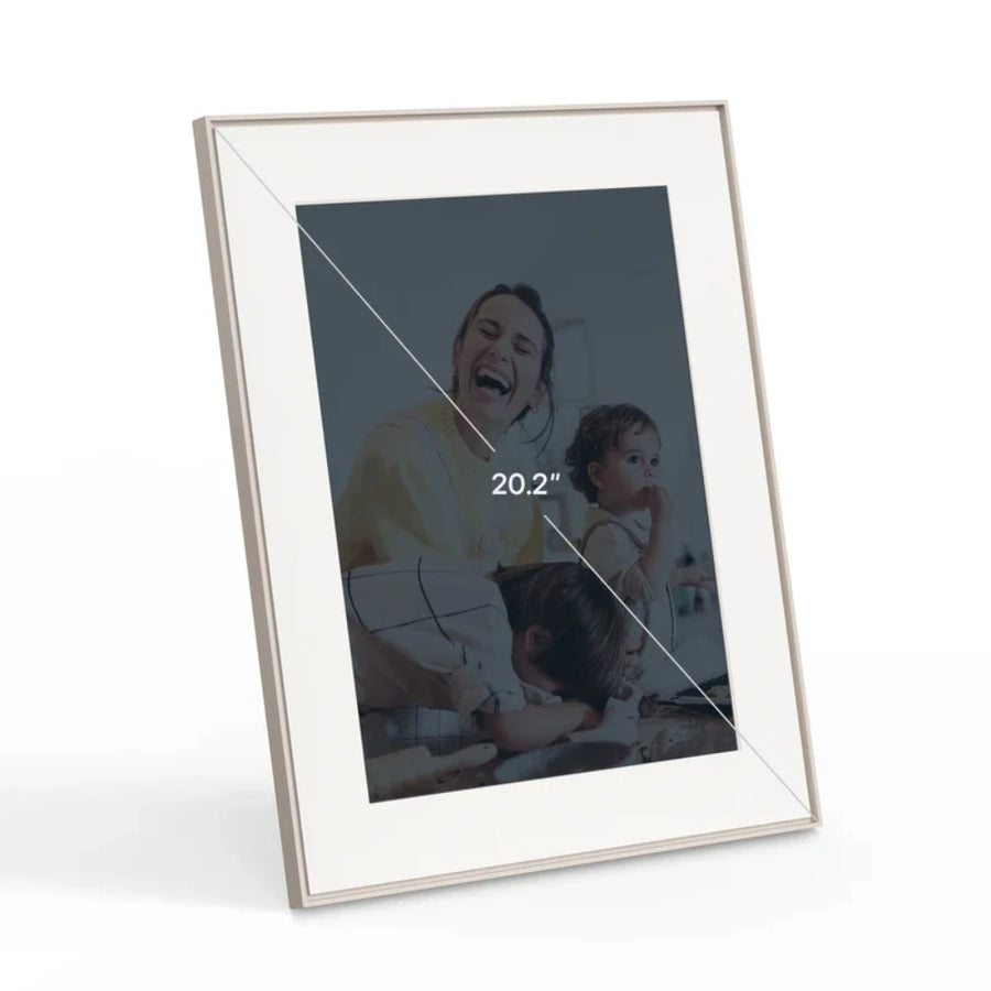 Aura Walden 15 Inch Digital Photo Frame in clay with white paper mat, showing family photo and 20.2" diagonal measurement