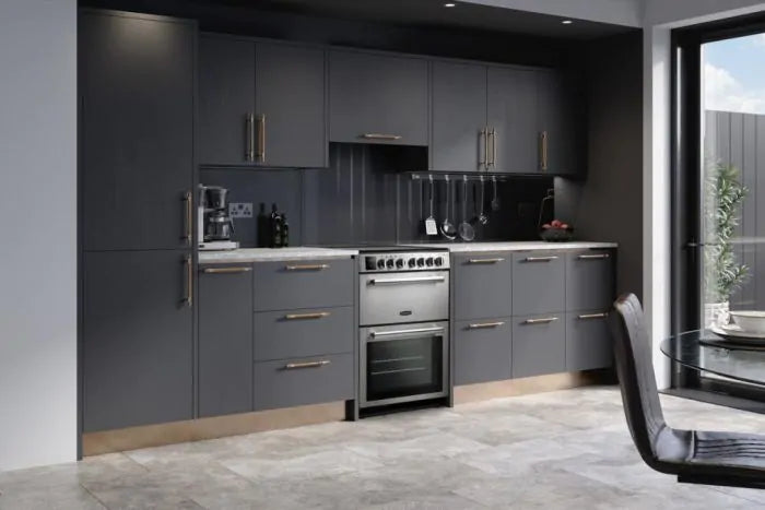 Rangemaster PROPL60ECSS/C 60cm stainless steel ceramic cooker installed in modern grey kitchen cabinetry.