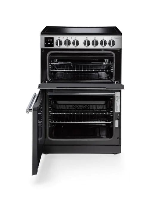 Rangemaster PROPL60ECSS/C 60cm stainless steel ceramic cooker with two open ovens and control knobs visible.