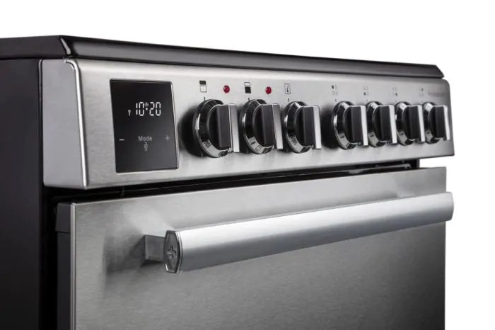 Close-up of the stainless steel Rangemaster PROPL60ECSS/C cooker control panel with knobs and digital display.