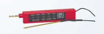 Compact red Pel Fence Tester with five voltage indicator lights and attached black and gold probes.
