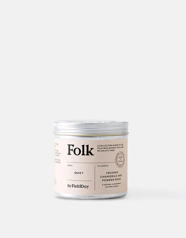 Quiet Folk Tin Candle 235G with chamomile and musk scent, 40-hour burn, recyclable tin, from Keans Claremorris