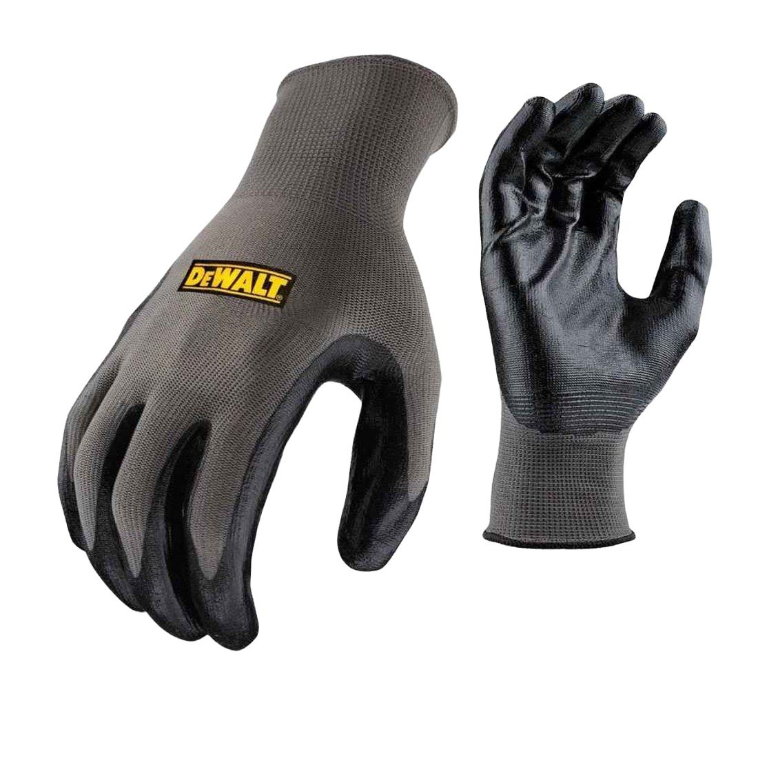 Pair of grey and black DeWalt nitrile-coated nylon work gloves, showing front and palm sides.