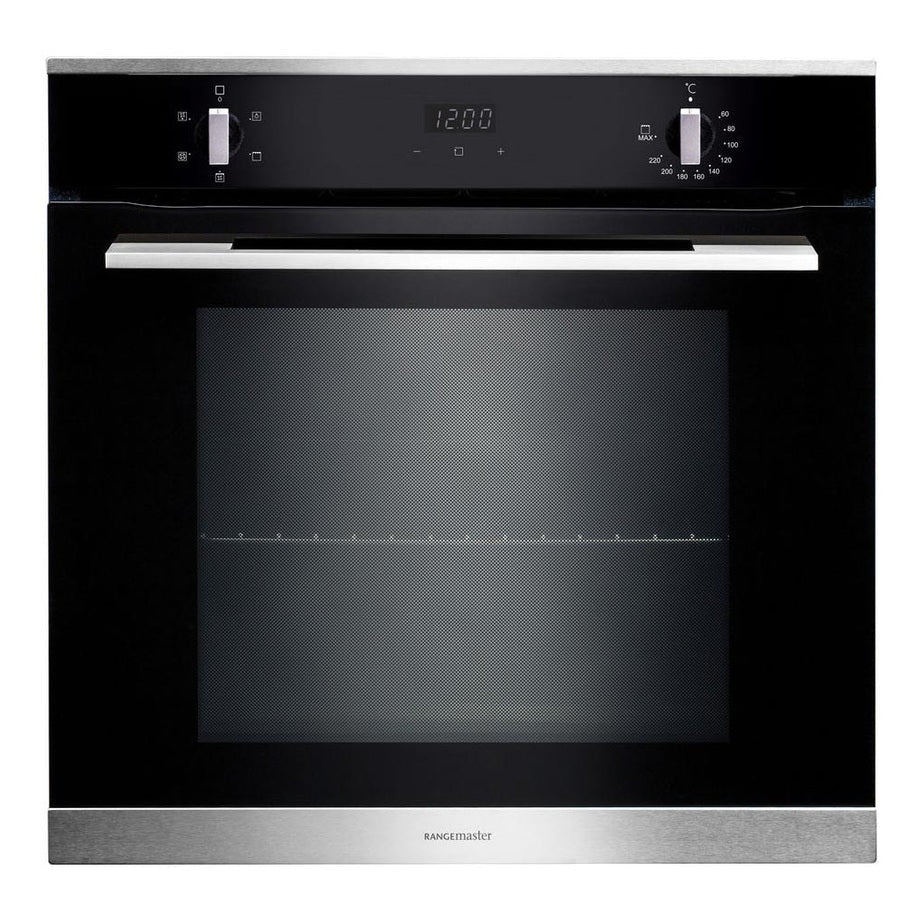 Rangemaster 60cm built-in electric oven in black glass with stainless steel handle and rotary dial controls.