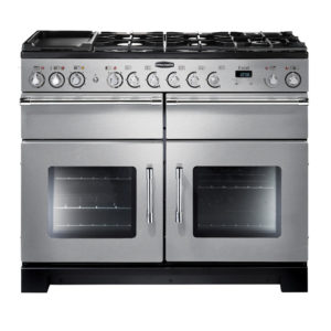 Rangemaster ESPRIT 110 dual fuel range cooker in stainless steel with six burners and two ovens visible from the front.