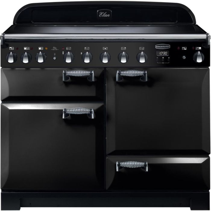 Rangemaster Elan 110cm black induction range cooker with four oven doors and control knobs on top panel