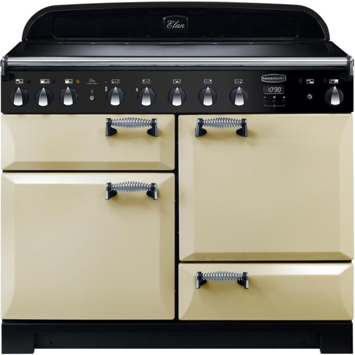 Rangemaster Elan 110cm induction range cooker in cream with black control panel and silver handles.