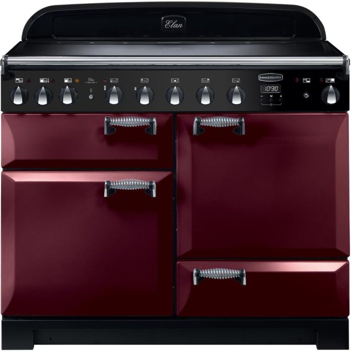Rangemaster Elan 110cm induction range cooker in burgundy with chrome handles and black control panel