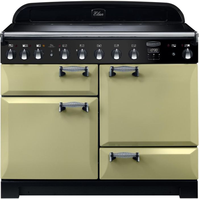 Rangemaster Elan 110cm induction range cooker in cream with black control panel and silver knobs