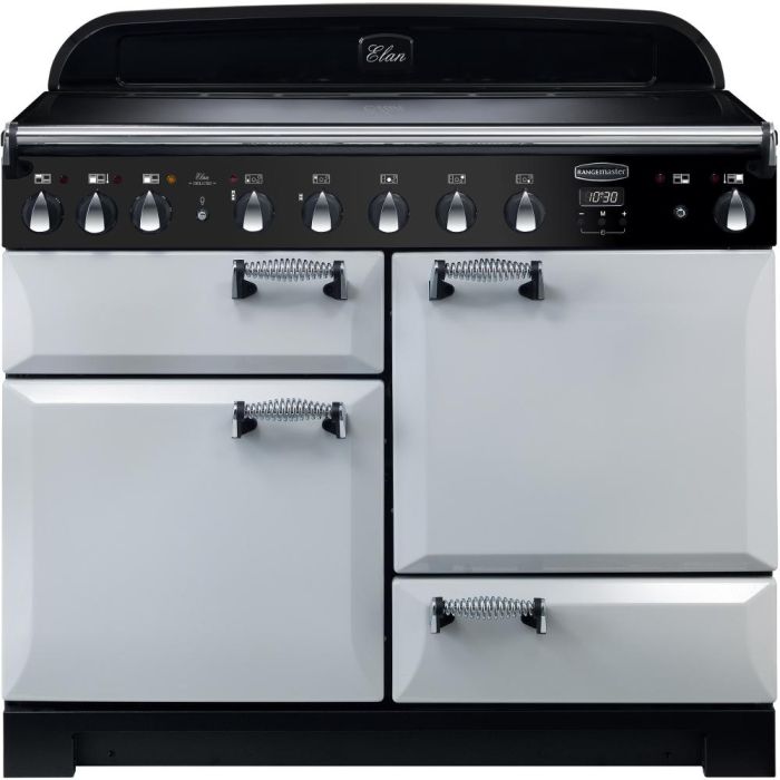Rangemaster Elan 110cm induction range cooker in cream with black control panel and silver handles