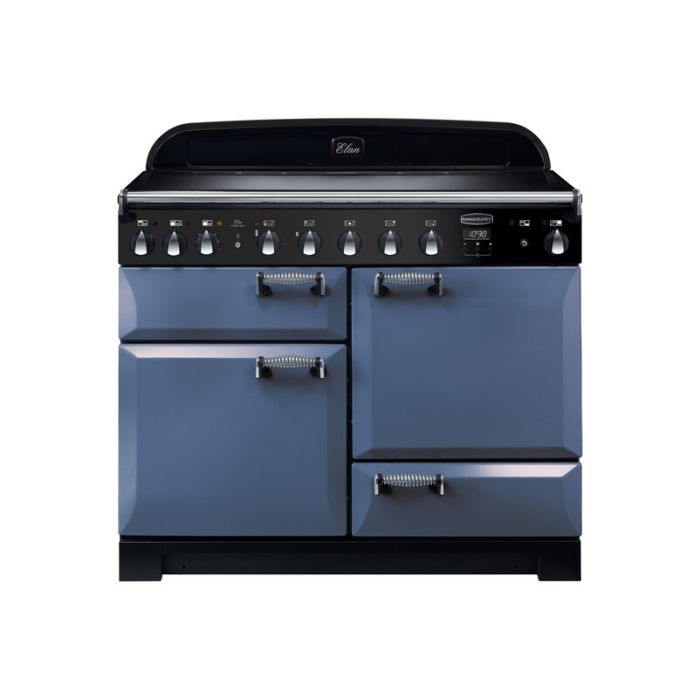 Rangemaster Elan 110cm induction range cooker in royal pearl blue with chrome handles and black control panel