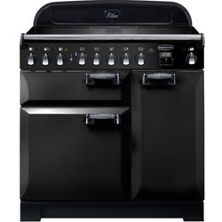 Rangemaster Elan Deluxe 90cm black induction cooker with 5 zones, dual ovens, timer, and chrome trim – Keans Claremorris