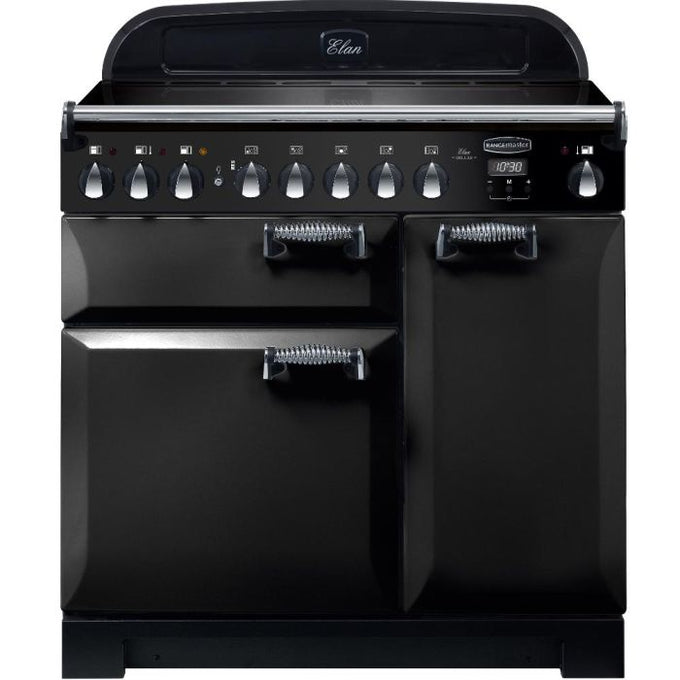 Rangemaster Elan Deluxe 90cm black induction cooker with 5 zones, dual ovens, timer, and chrome trim – Keans Claremorris