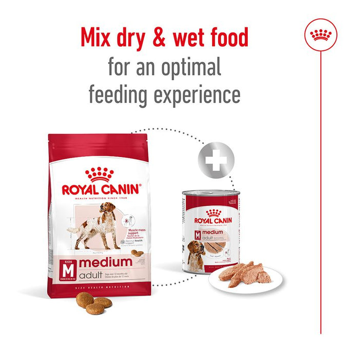 Royal Canin Medium Adult Dog Food 15kg bag available at Keans Claremorris for balanced nutrition and healthy digestion.