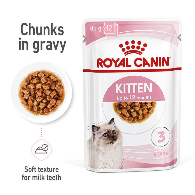 Royal Canin Kitten Pouch in Gravy 85g – Nutritious wet food for kittens, available at Keans Claremorris.