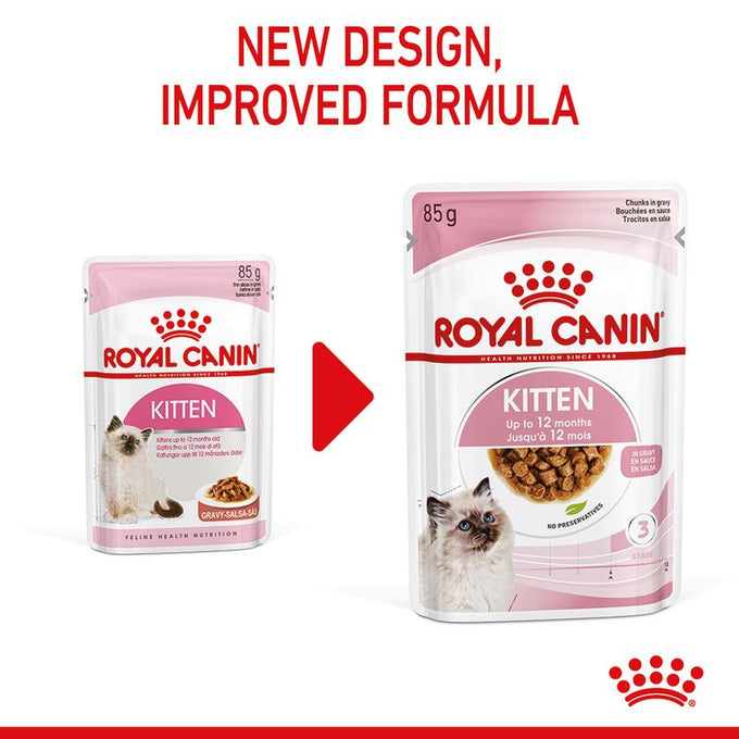 Royal Canin Kitten Pouch 85g in Gravy – Nutritious wet food for kittens, available at Keans Claremorris.