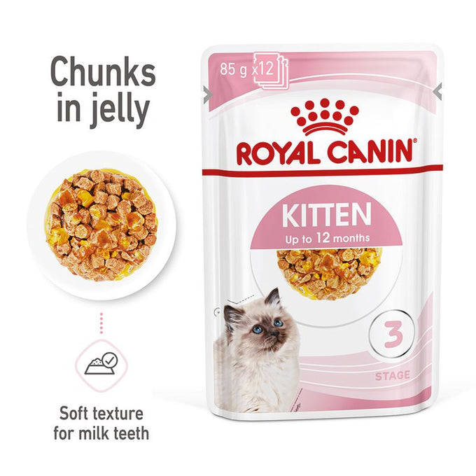 Royal Canin Kitten Jelly Pouch 85g – Nutritious wet food for kittens, available at Keans Claremorris.