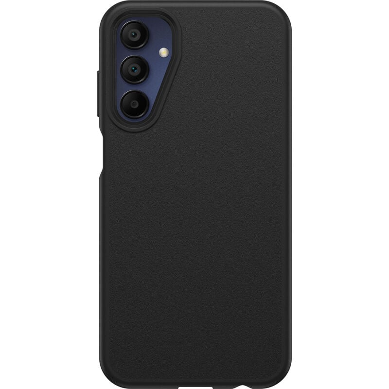 Black OtterBox React slim case on Samsung Galaxy A15 5G showing textured back and camera cutout.