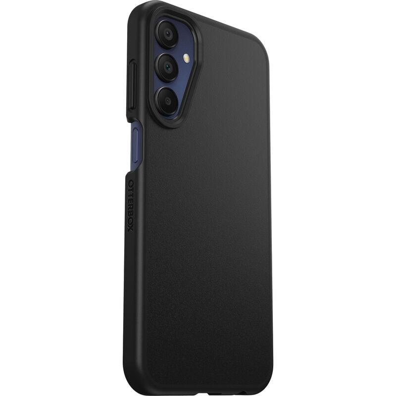 Black Otterbox React case on Samsung Galaxy A15 showing rear and side with camera cutout and button covers.