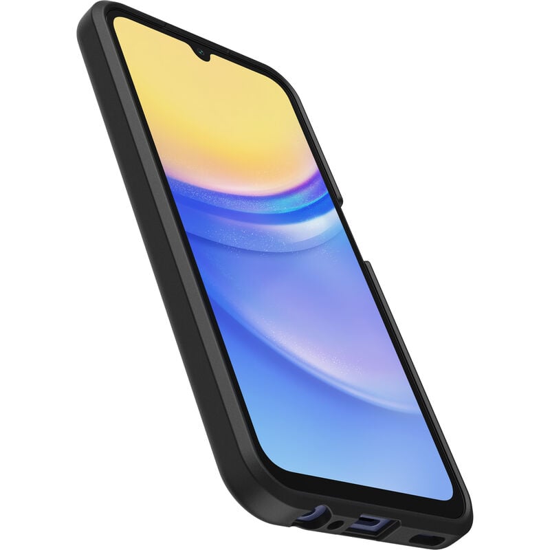 Samsung Galaxy A15 4/5G in black Otterbox React case, angled front view showing screen and case edges