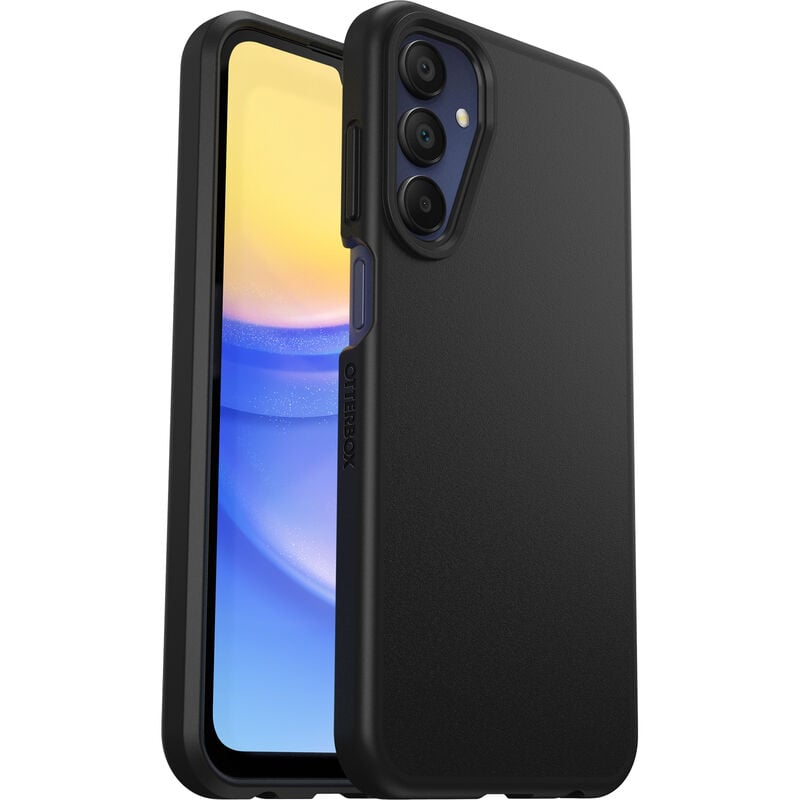 Samsung Galaxy A15 4/5G in black Otterbox React case showing front and back with camera cutout and side buttons.