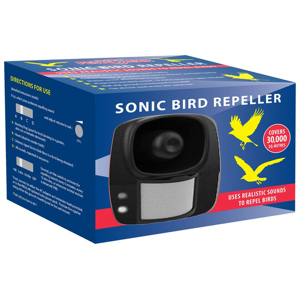 Pestclear Sonic Bird Repeller Plug-in with motion sensor, timer, 3 natural sounds, repels birds up to 50m | Keans Claremorris